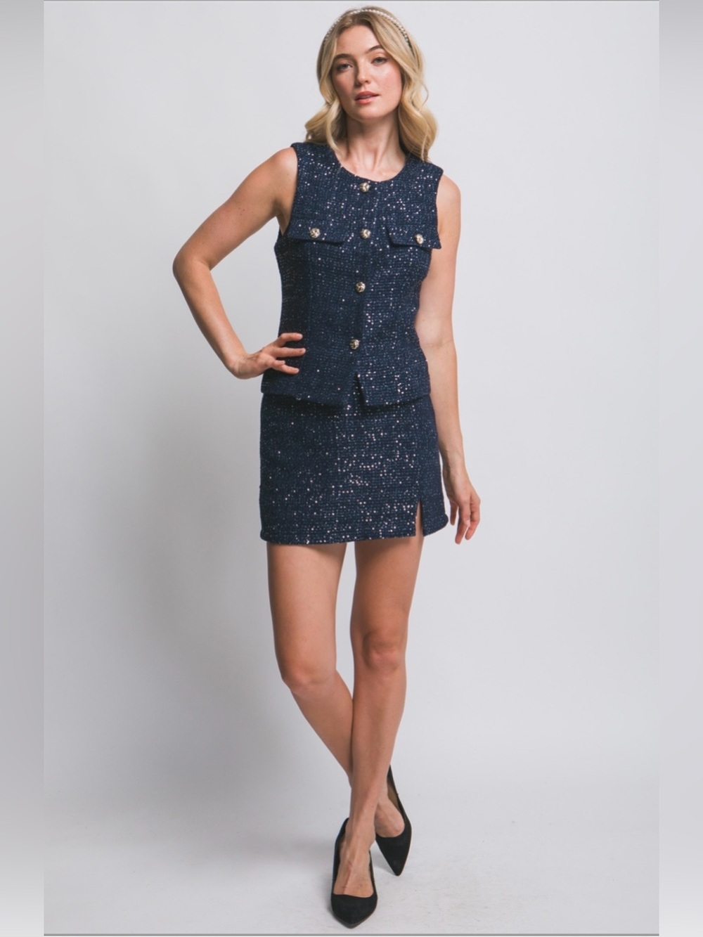 Love Tree Navy Tweed Set Mini Skirt Sleeveless Top Set Homecoming Court Outfit